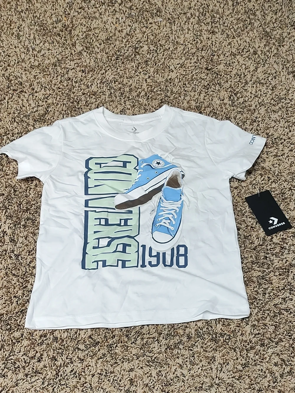 Converse | Girls White Graphic Tee with Blue Sneaker Print